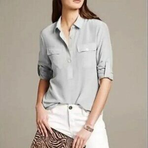 Banana Republic 100% Silk Popover Blouse - Dove Grey - Petite Small